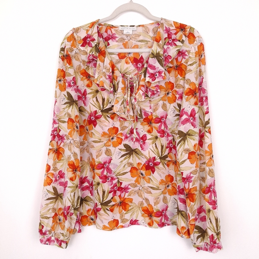 Worth silk floral top blouse ruffle long sleeve garden party brunch colorful